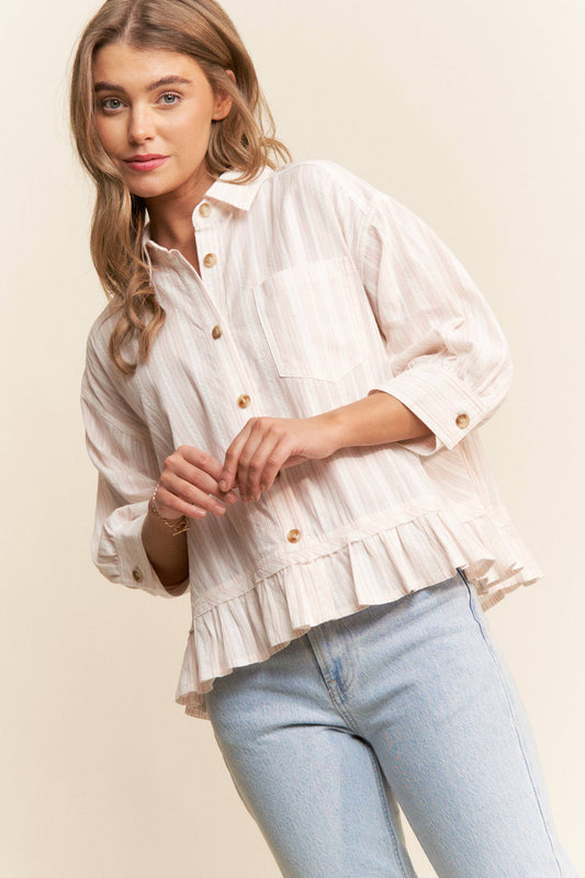 Stripe Jacquard Button Up Pleated Top