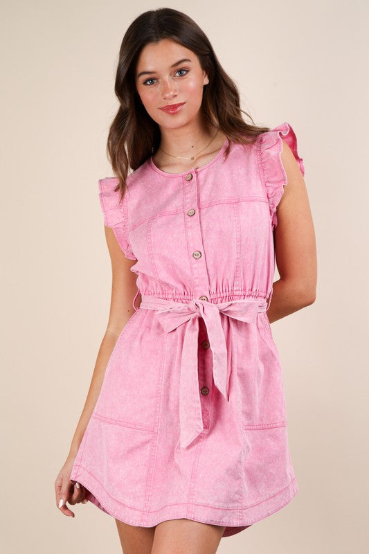 Washed Chambray Ruffle Mini Dress