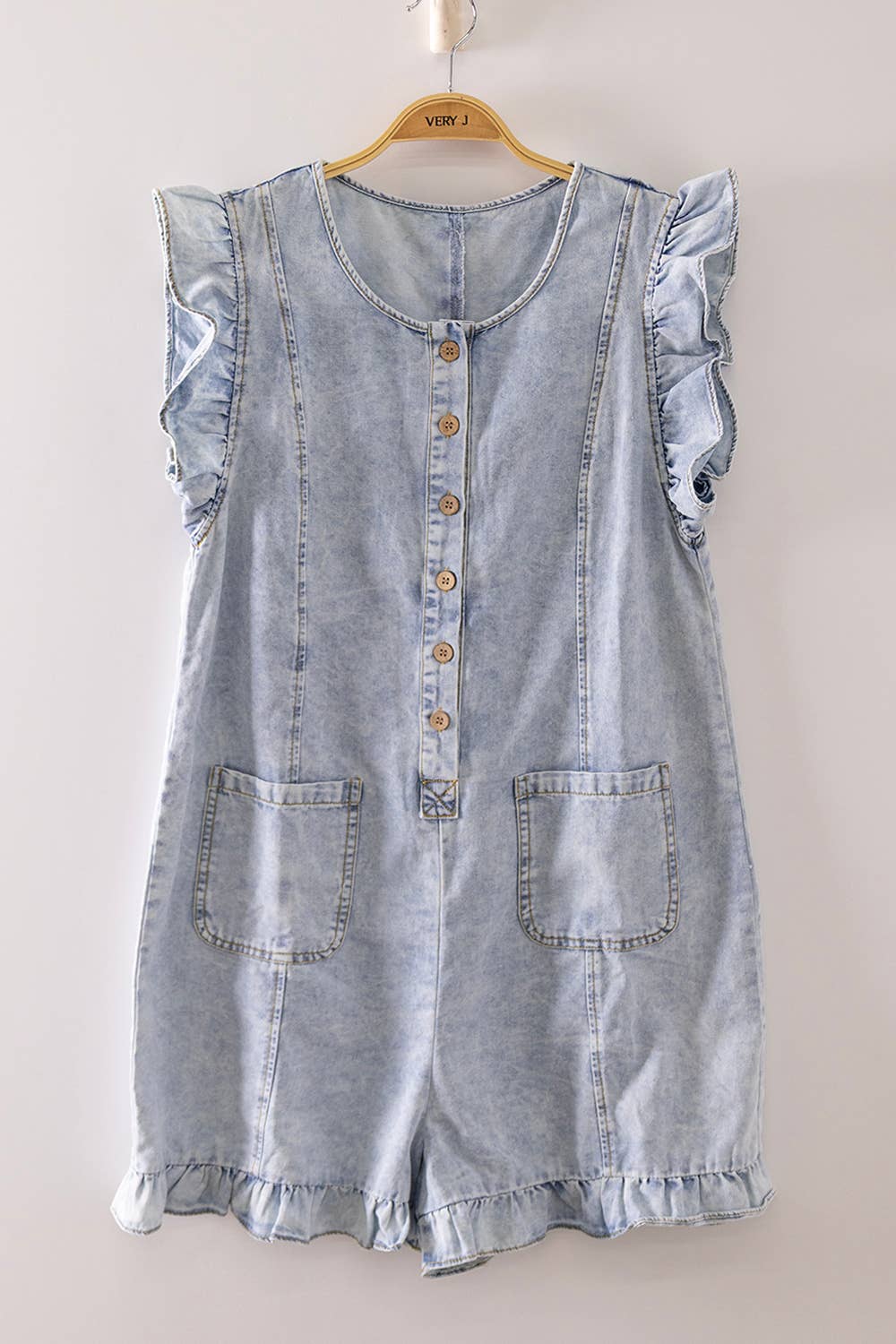 Sweet Ruffle Denim Romper: INDIGO