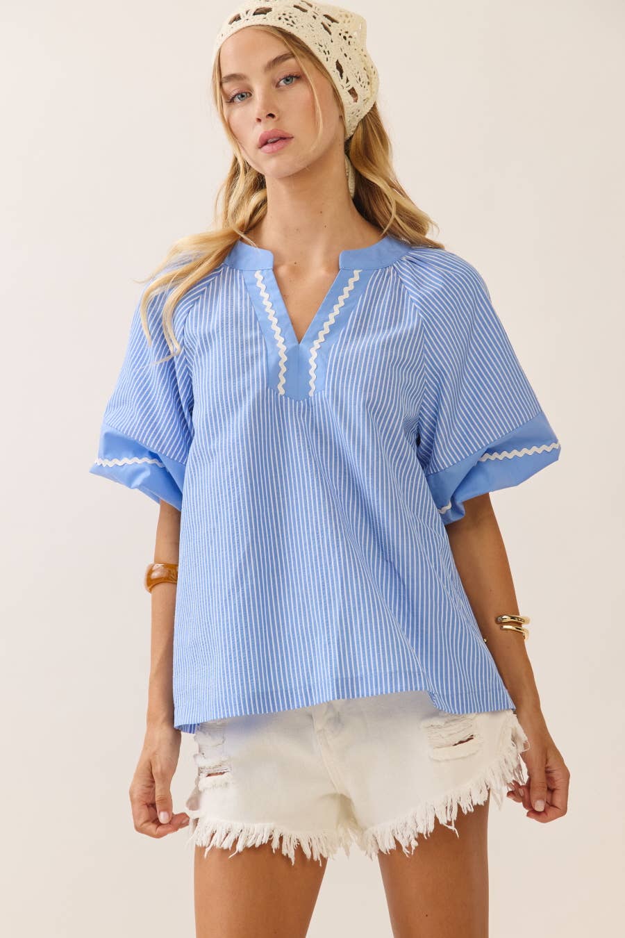 Striped Woven Blouse: Denim
