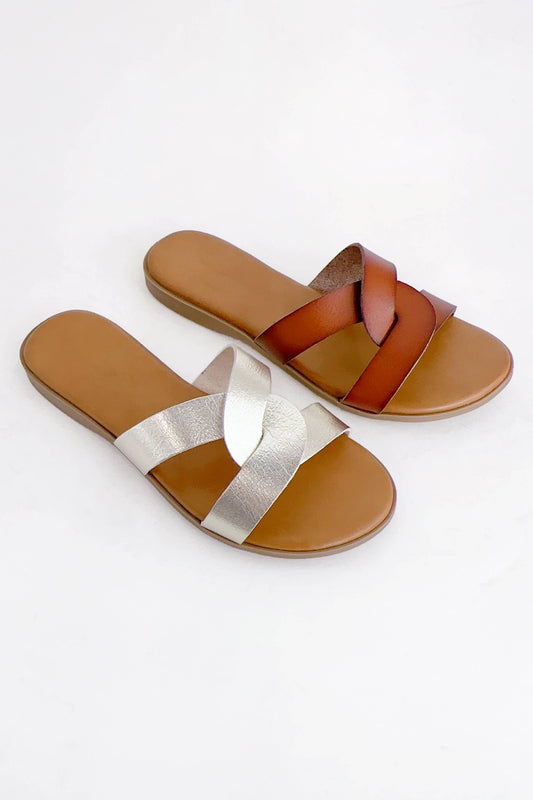 AMPLE TWISTED STRAP UPPER DESIGN SLIP-ON STYLE SANDAL: TAUPE