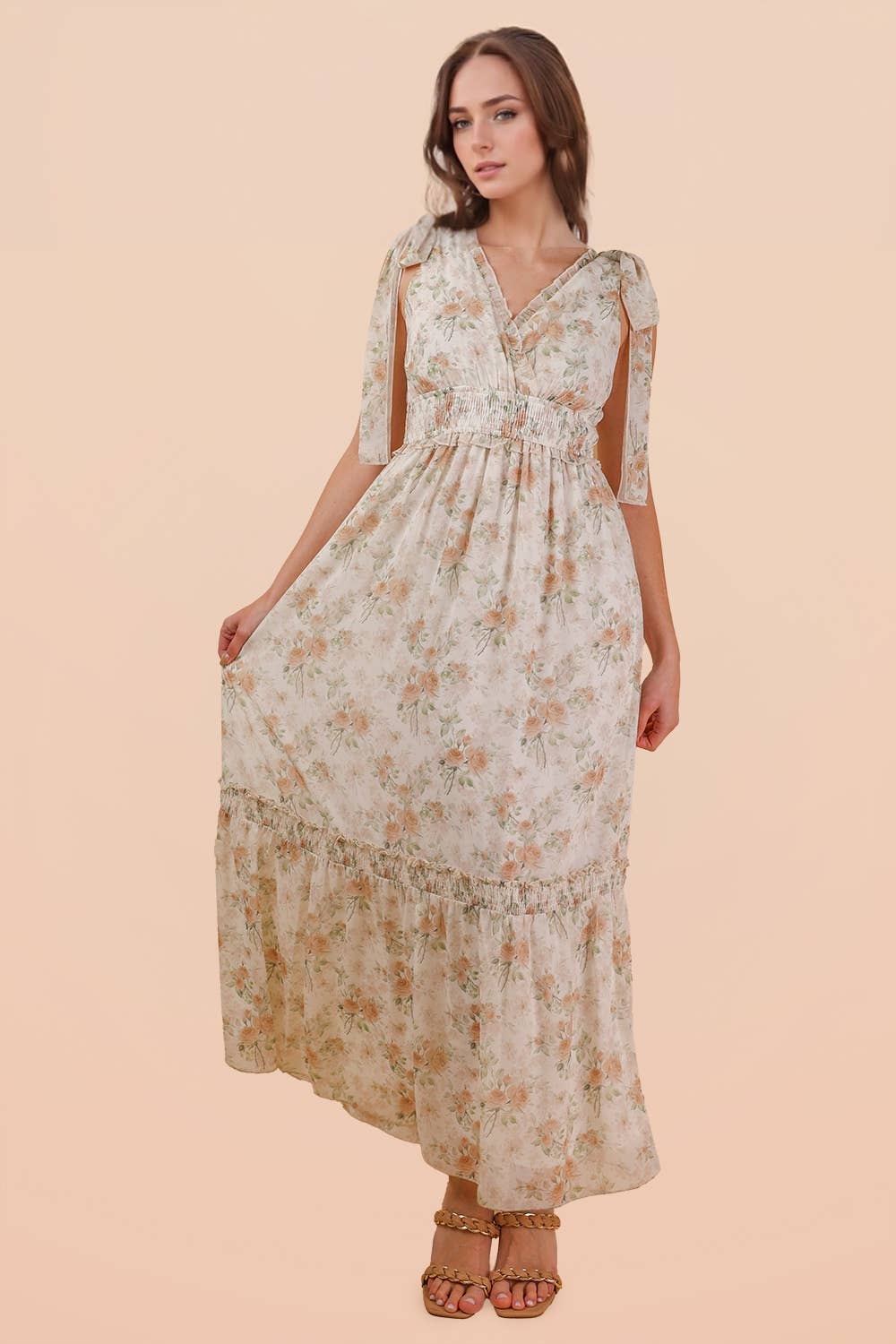 Floral Printed Shoulder Strap Midi Dress: PEACH MIX