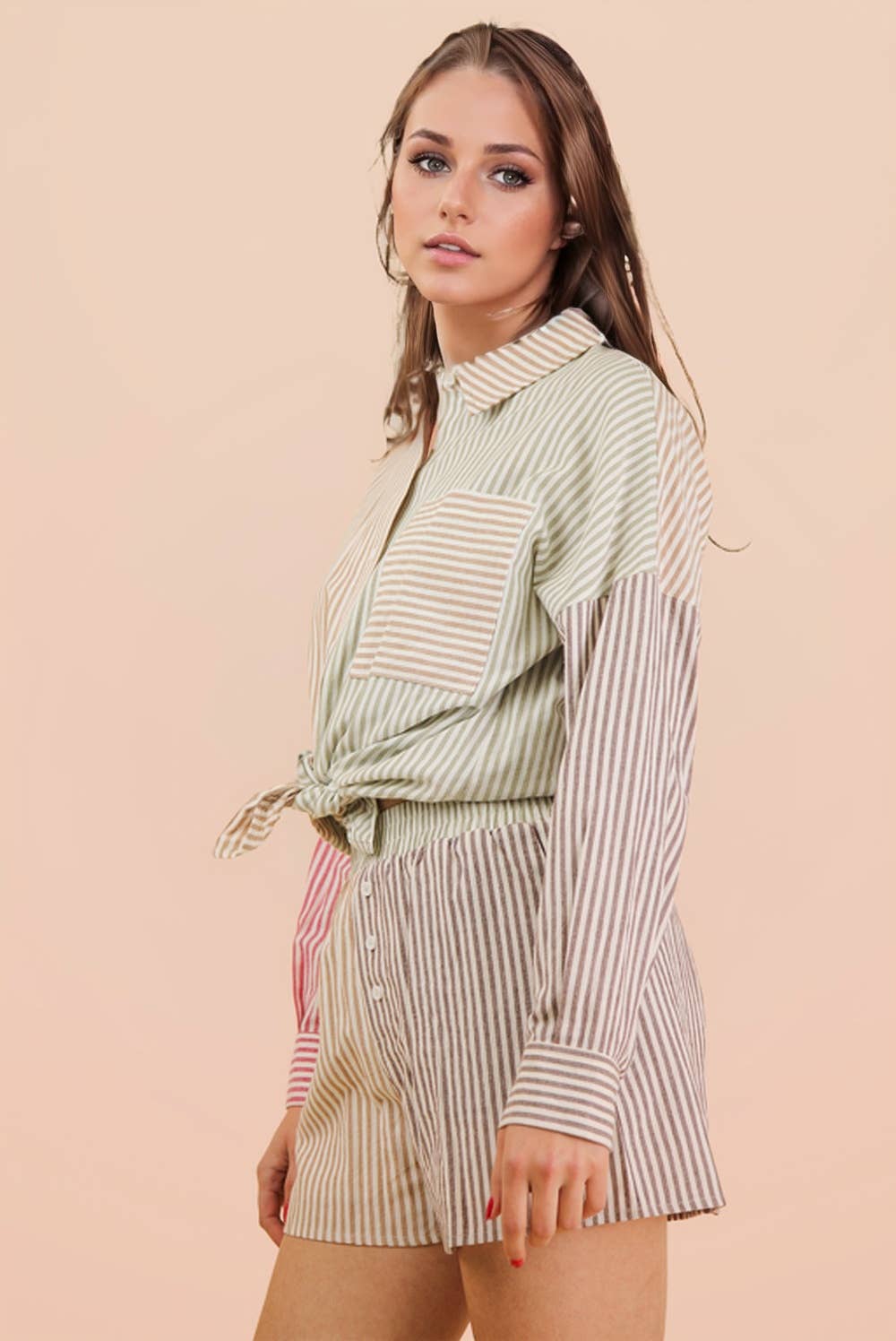 Stripe Color Block Shirt Top & Shorts Set: MOCHA MIX