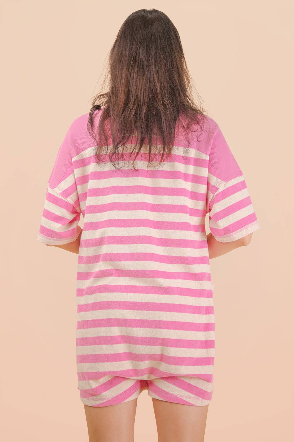 Stripe Casual Knit Romper: PINK/OAT