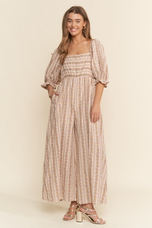 Stripe Floral Pattern Jumpsuit