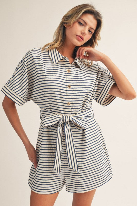 Waist Tie Button Down Stripe Romper