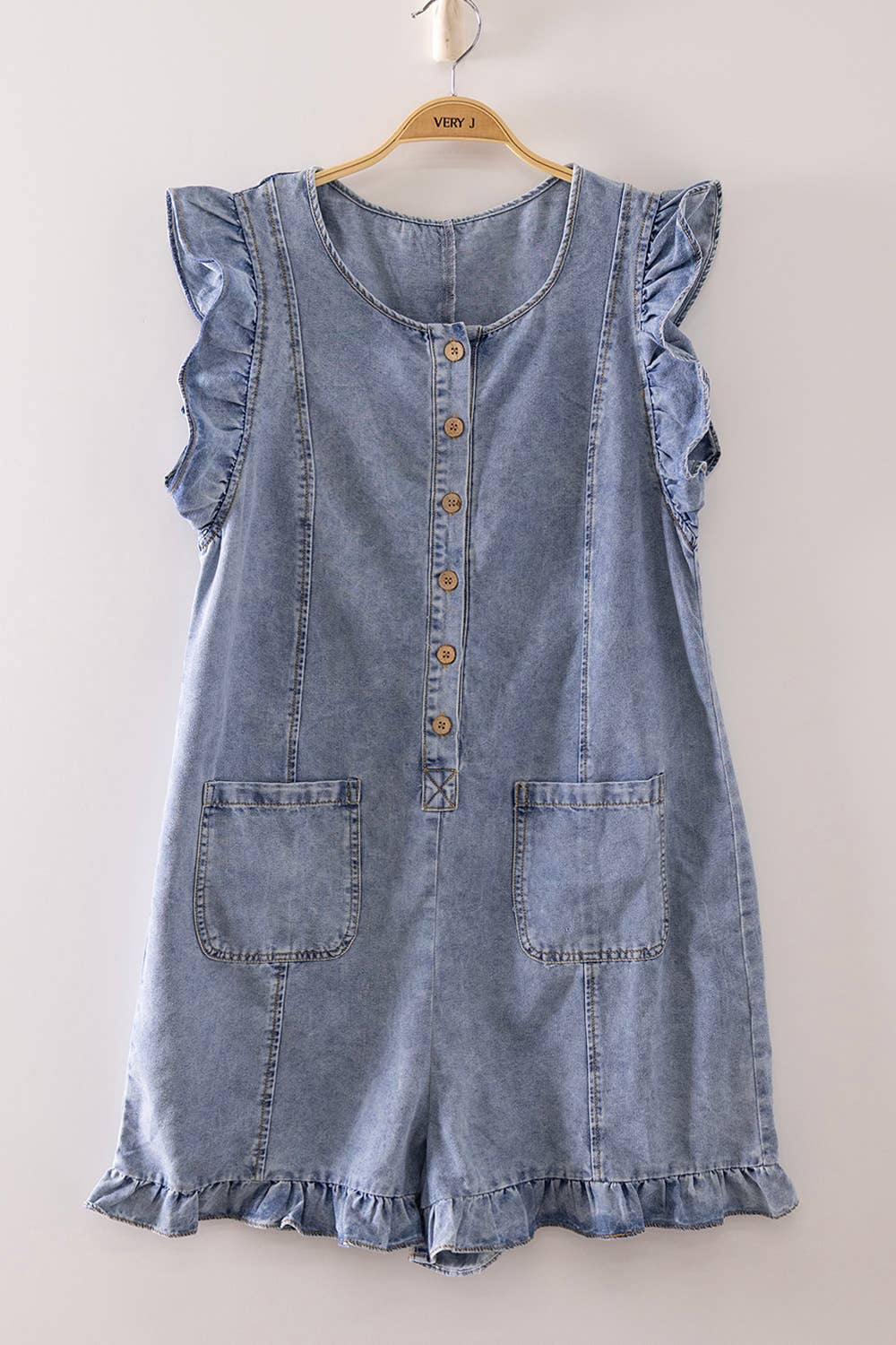 Sweet Ruffle Denim Romper: INDIGO