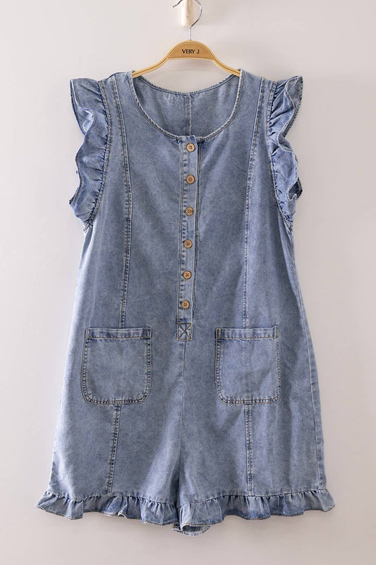 Sweet Ruffle Denim Romper: INDIGO