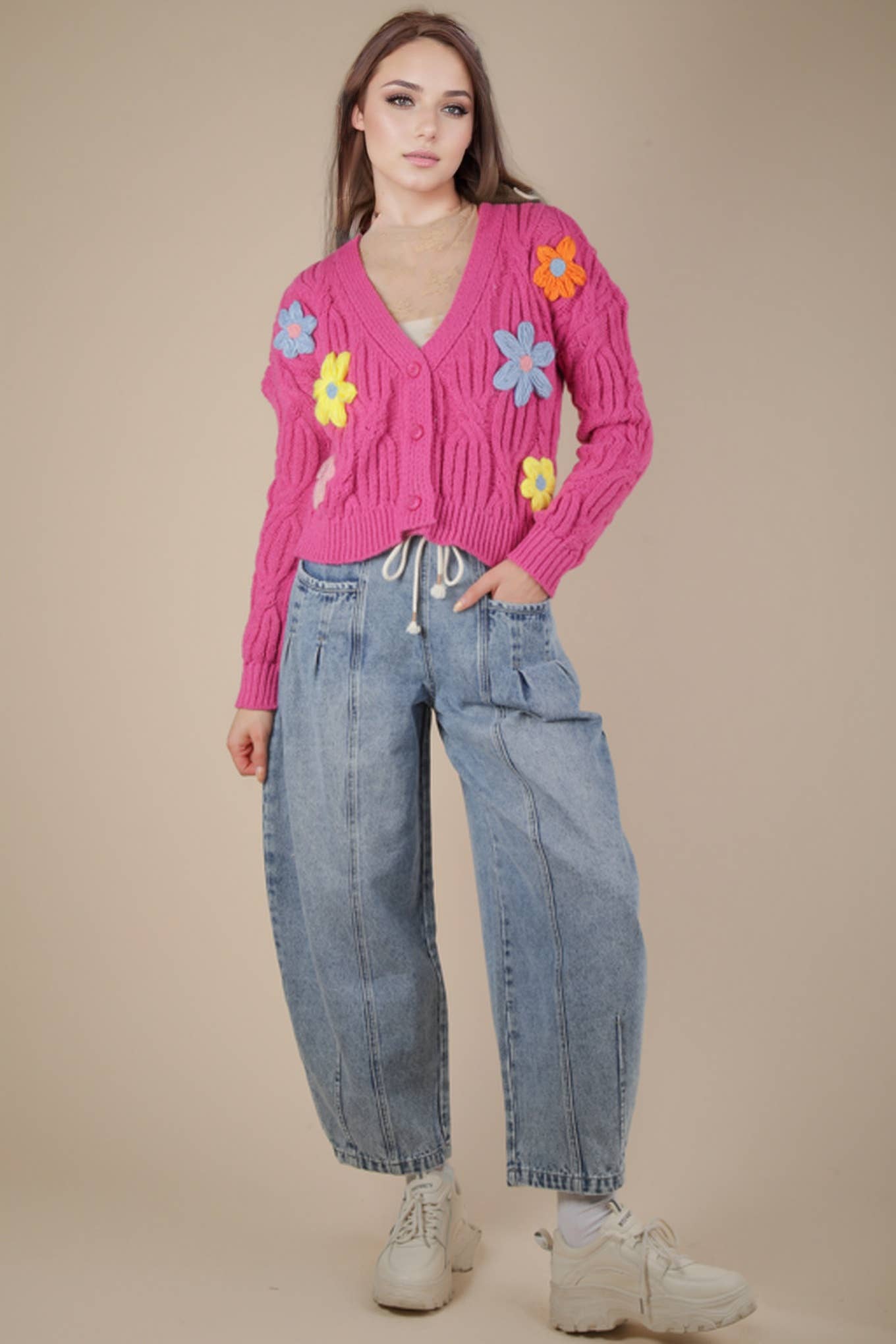 Washed Denim Barrel Leg Pants: DENIM