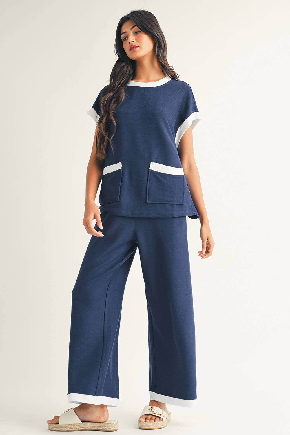 Color Block Pocketed T Shirt and Wide Leg Pants Set