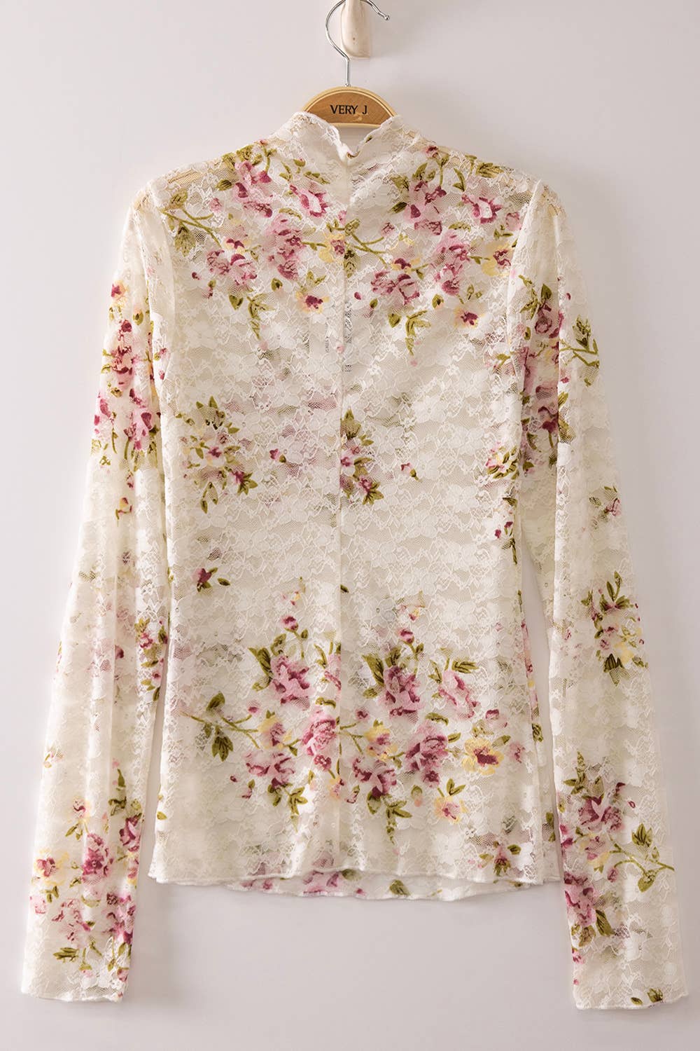 Sheer Mesh Lace Knit Top: CREAM/PLUM BIG FLORAL