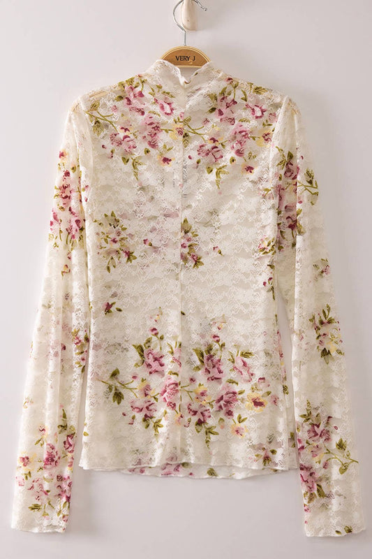 Sheer Mesh Lace Knit Top: CREAM/PLUM BIG FLORAL
