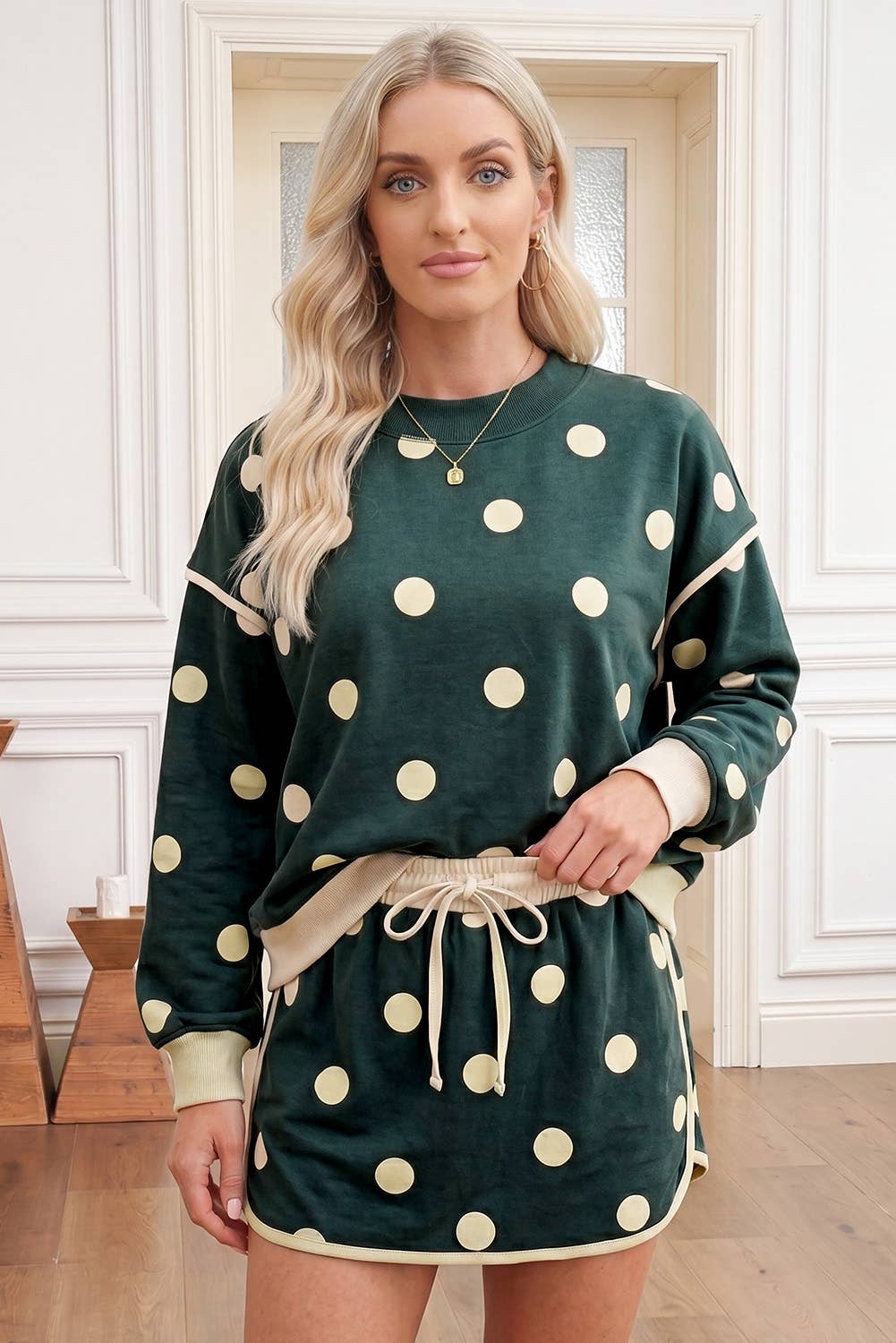 Polka Dot Long Sleeve Top and Skirt Lounge Set