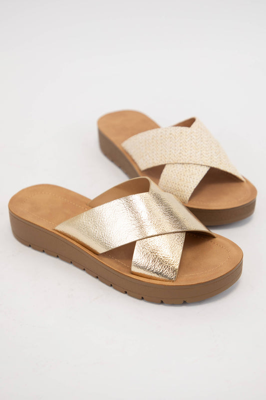 LUCY LIGHT-WEIGHT WEDGE PLATFORM CROSS STRAP SLIDE SANDAL: GOLD