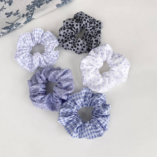 Polka Dot Gingham Checker Floral Scrunchie Set Of 5 | BLUE