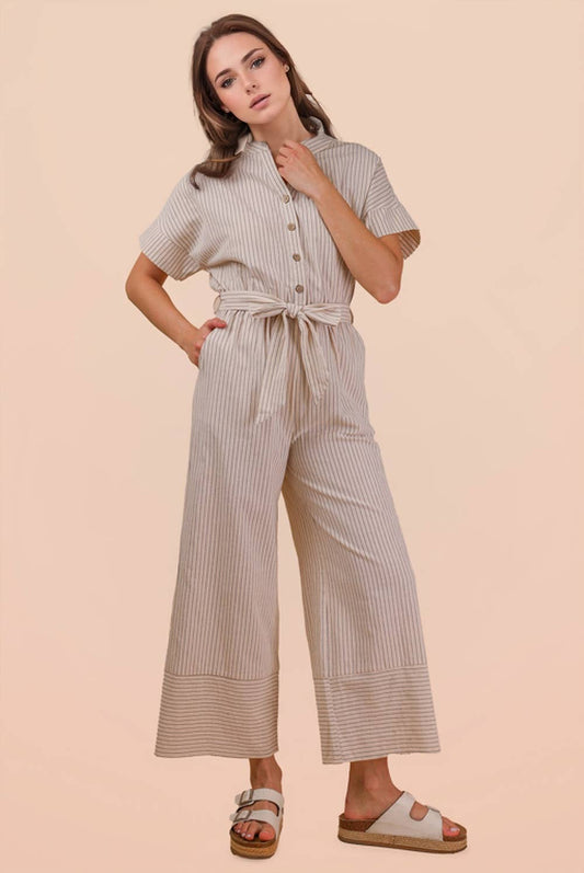 Half Button Down Stripe Linen Woven Jumpsuit: OATMEAL