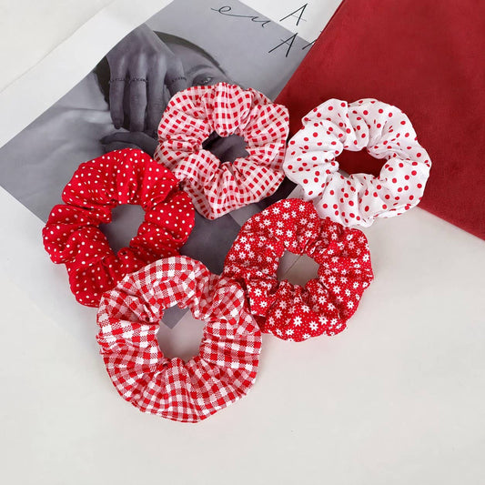 Polka Dot Gingham Checker Floral Scrunchie Set Of 5 -RED