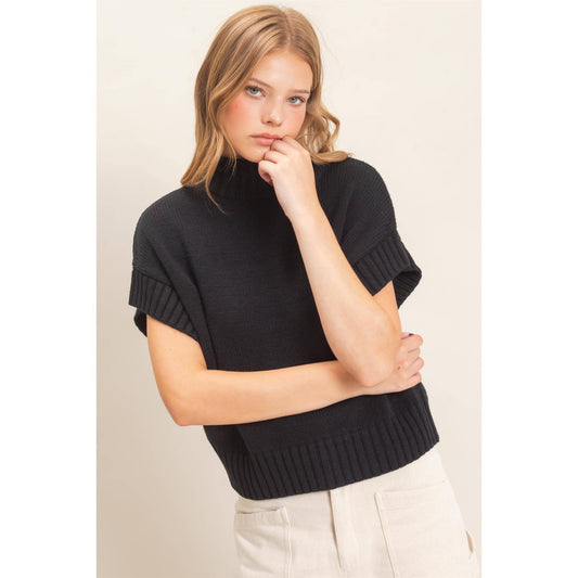 Ribbed Mock Neck Sweater Vest: BLACK