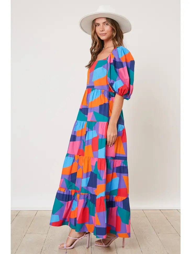 Multicolor Geo Print Tiered Maxi Dress