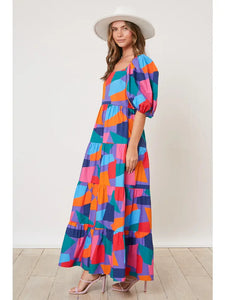 Multicolor Geo Print Tiered Maxi Dress