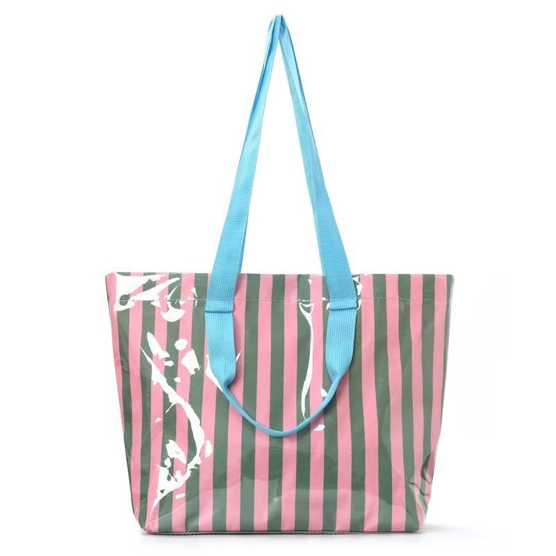 Large Striped Vinyl Tote Bags with Shoulder Strap: Fuchsia Orange
