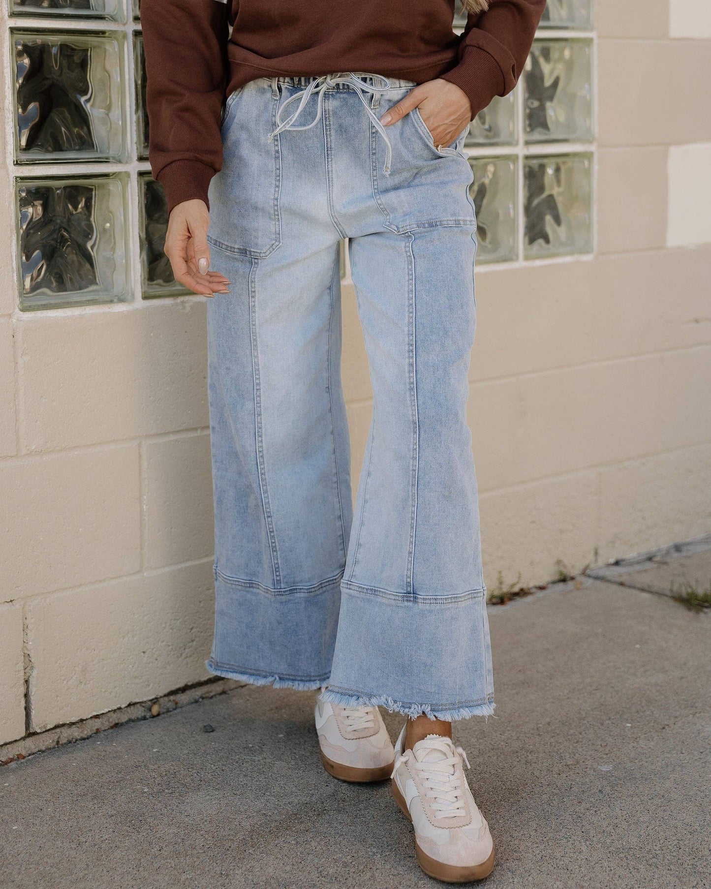 Beau Blue Wide Leg Jeans Drawstring Waist Jeans Raw Hem