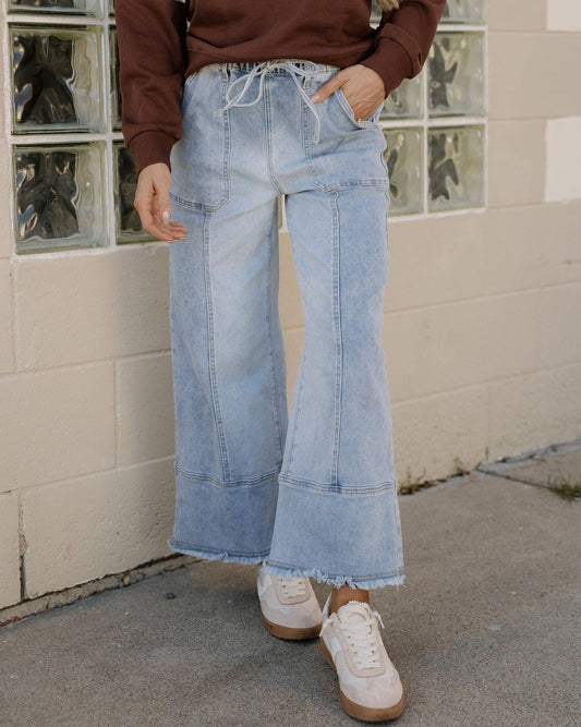 Beau Blue Wide Leg Jeans Drawstring Waist Jeans Raw Hem