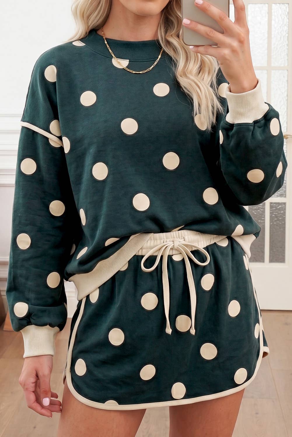 Polka Dot Long Sleeve Top and Skirt Lounge Set