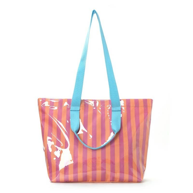 Large Striped Vinyl Tote Bags with Shoulder Strap: Fuchsia Orange