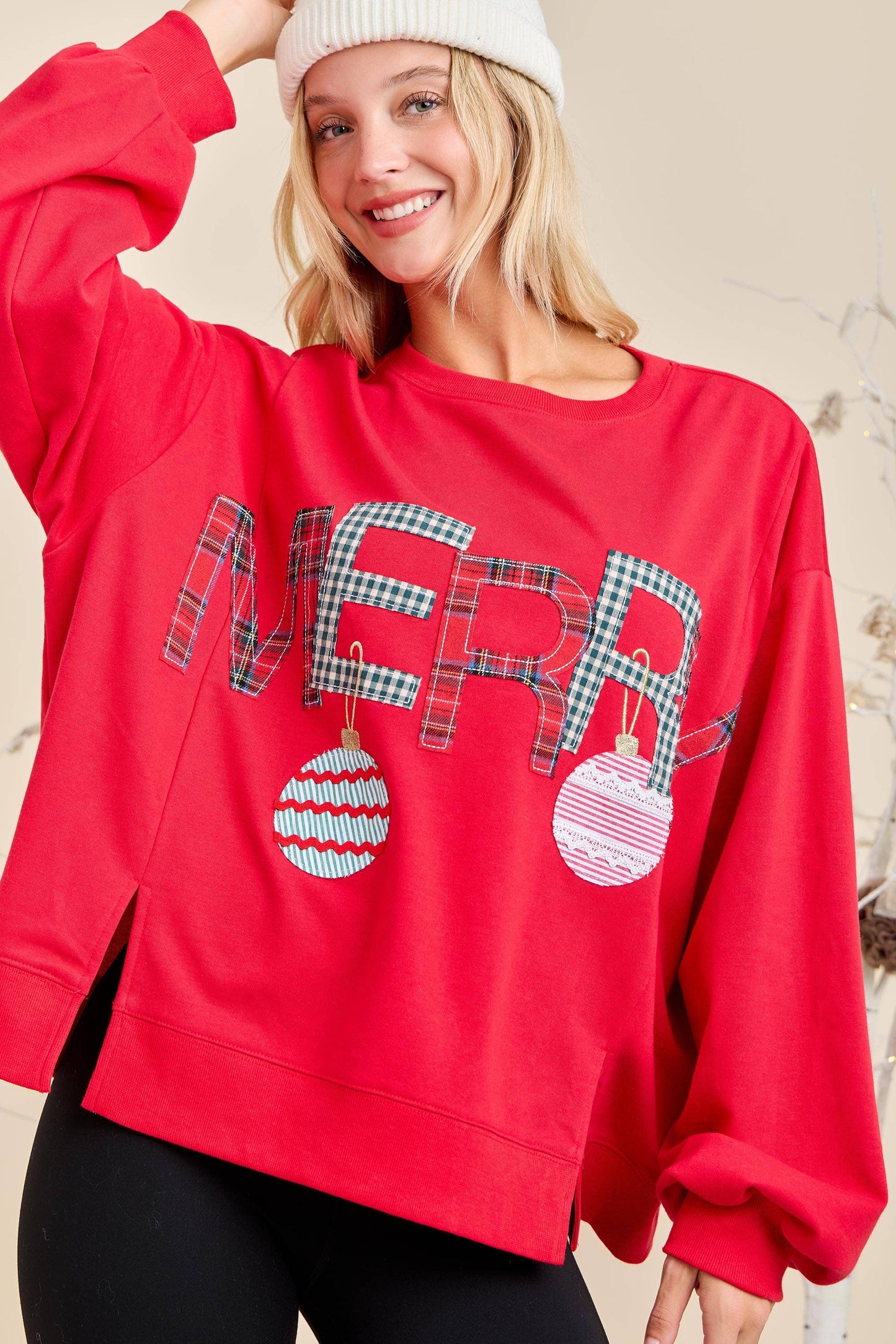 Merry With Ornament Patchwork Oversized Long Sleeve Top
