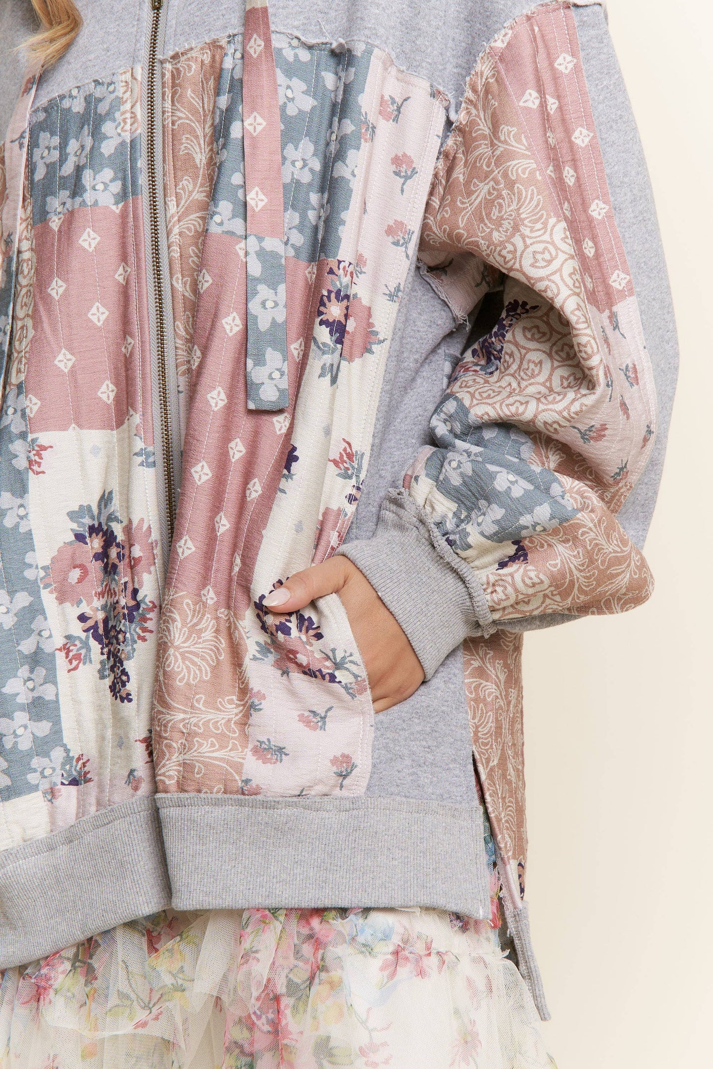 Multi Pattern Patchwork Zipper Hoodie