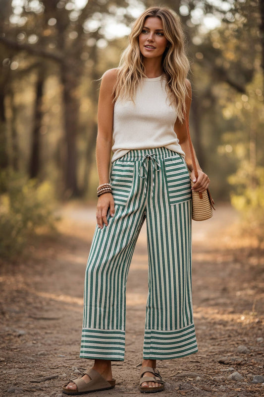 Woven Striped Wide Leg Pants: GREEN COMBO