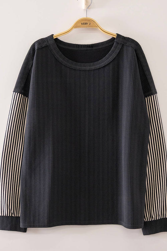 Striped Sleeve Ribbed Knit Top: CHARCOAL
