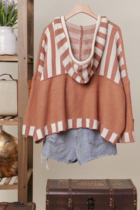 Color Block Stripe Hoodie Knit Sweater