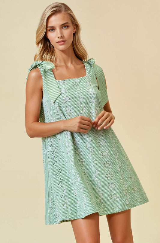 STRIPED EYELET TIE SHOULDER MINI DRESS