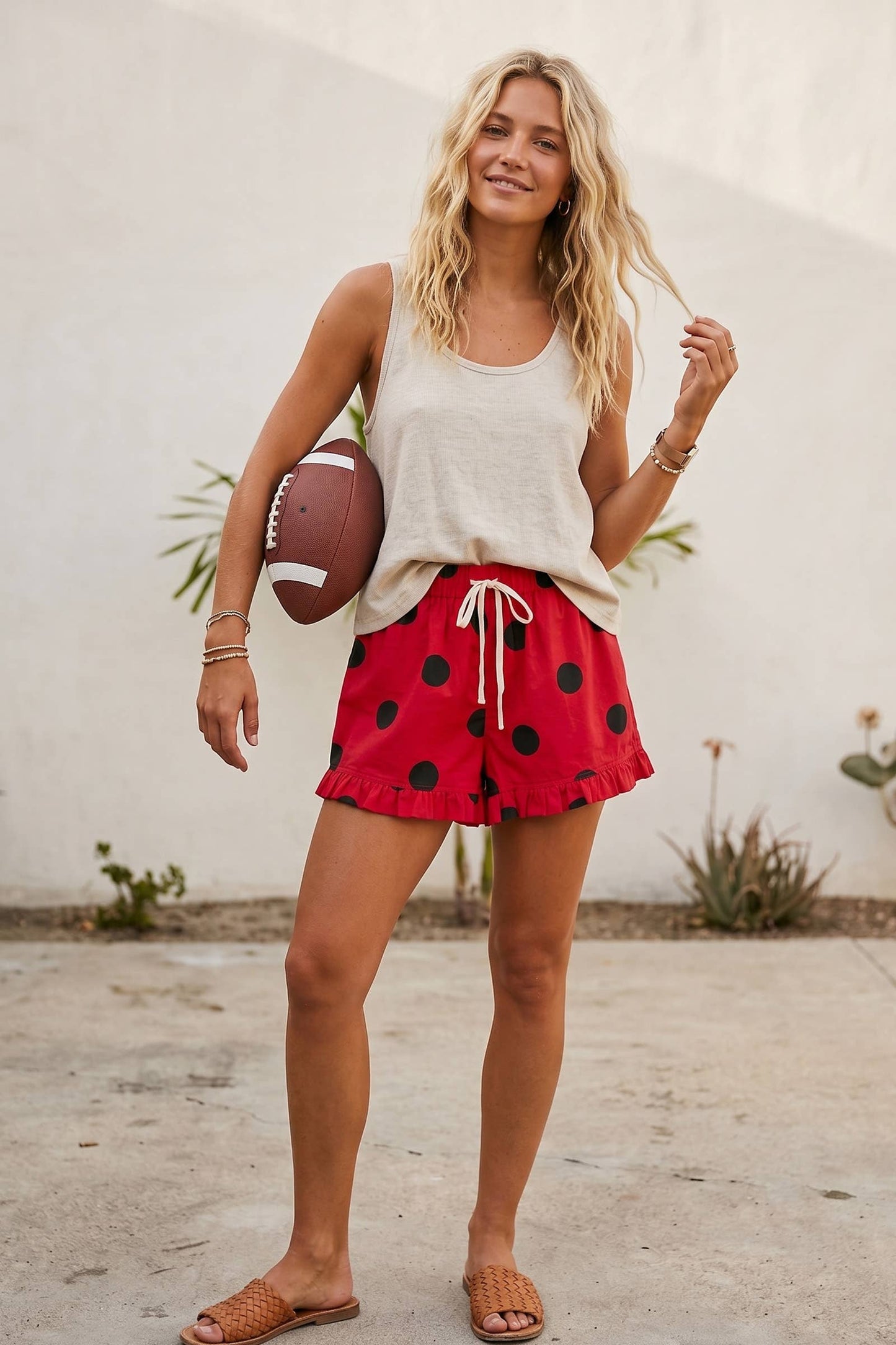 Gameday Ruffle Hem Polka Dot Poplin Shorts: RED/BLACK / L