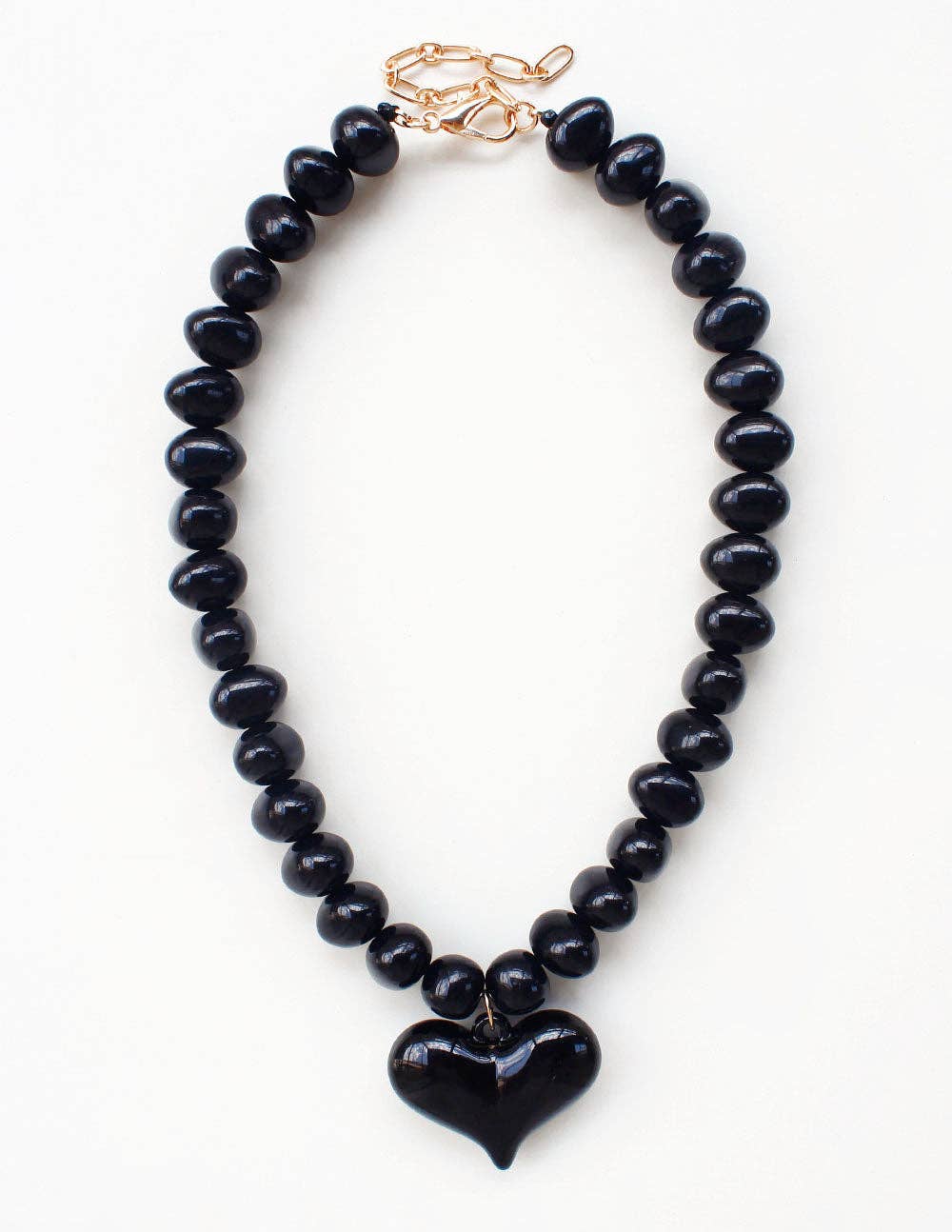 Black Chunky Beaded with Black Heart Charm 16"-18" Necklace