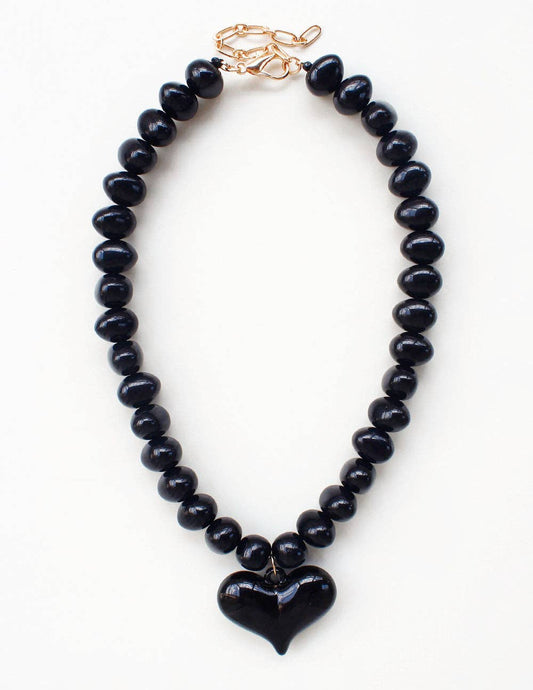 Black Chunky Beaded with Black Heart Charm 16"-18" Necklace