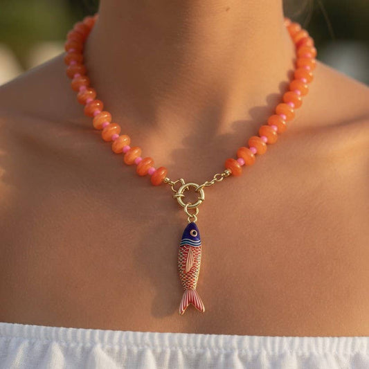 Stainless Steel Tarnish Free Fish Beaded Necklaces| ORANGE