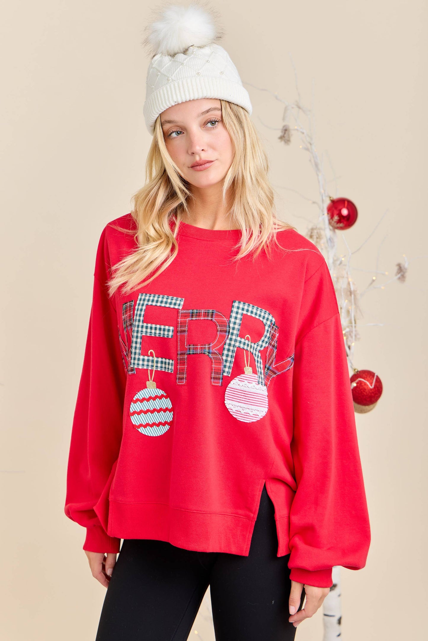 Merry With Ornament Patchwork Oversized Long Sleeve Top