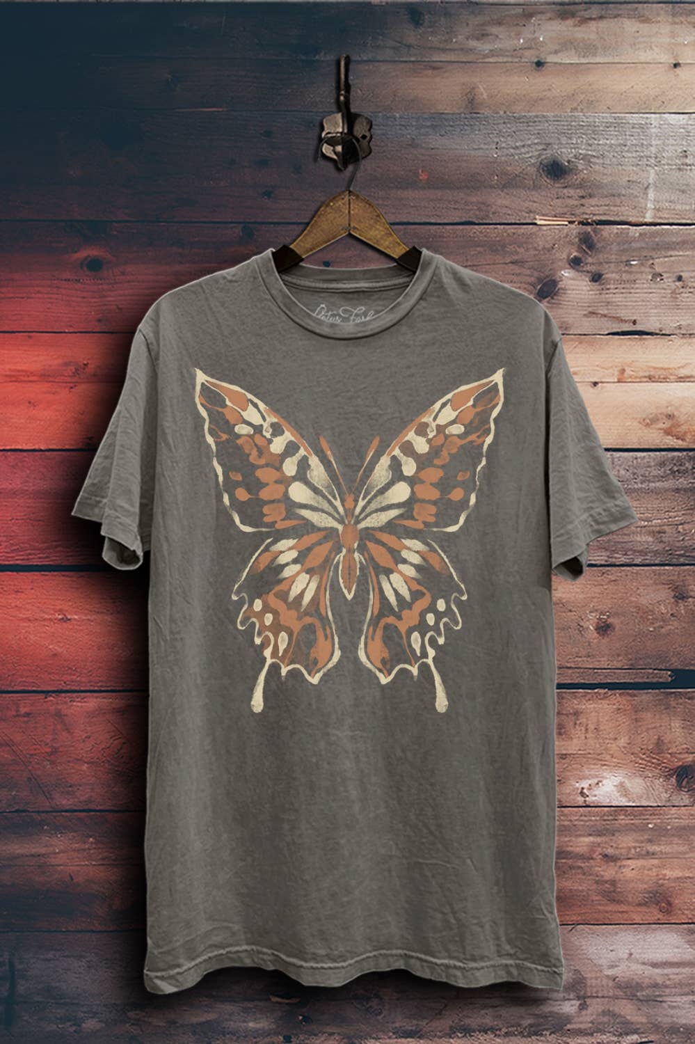 Abstract Butterfly Graphic Top: Stone Gray Mineral Wash