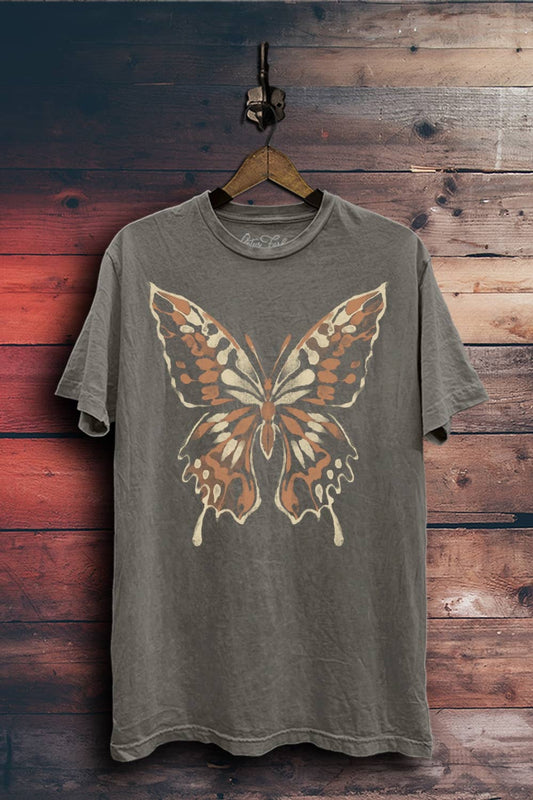 Abstract Butterfly Graphic Top: Stone Gray Mineral Wash