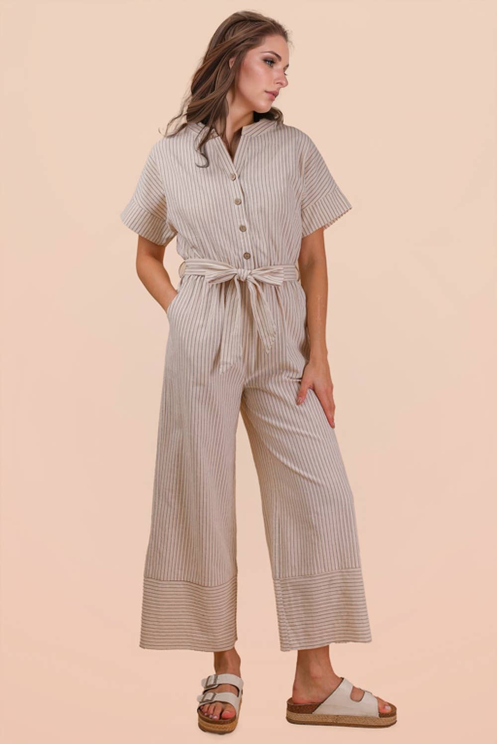 Half Button Down Stripe Linen Woven Jumpsuit: OATMEAL