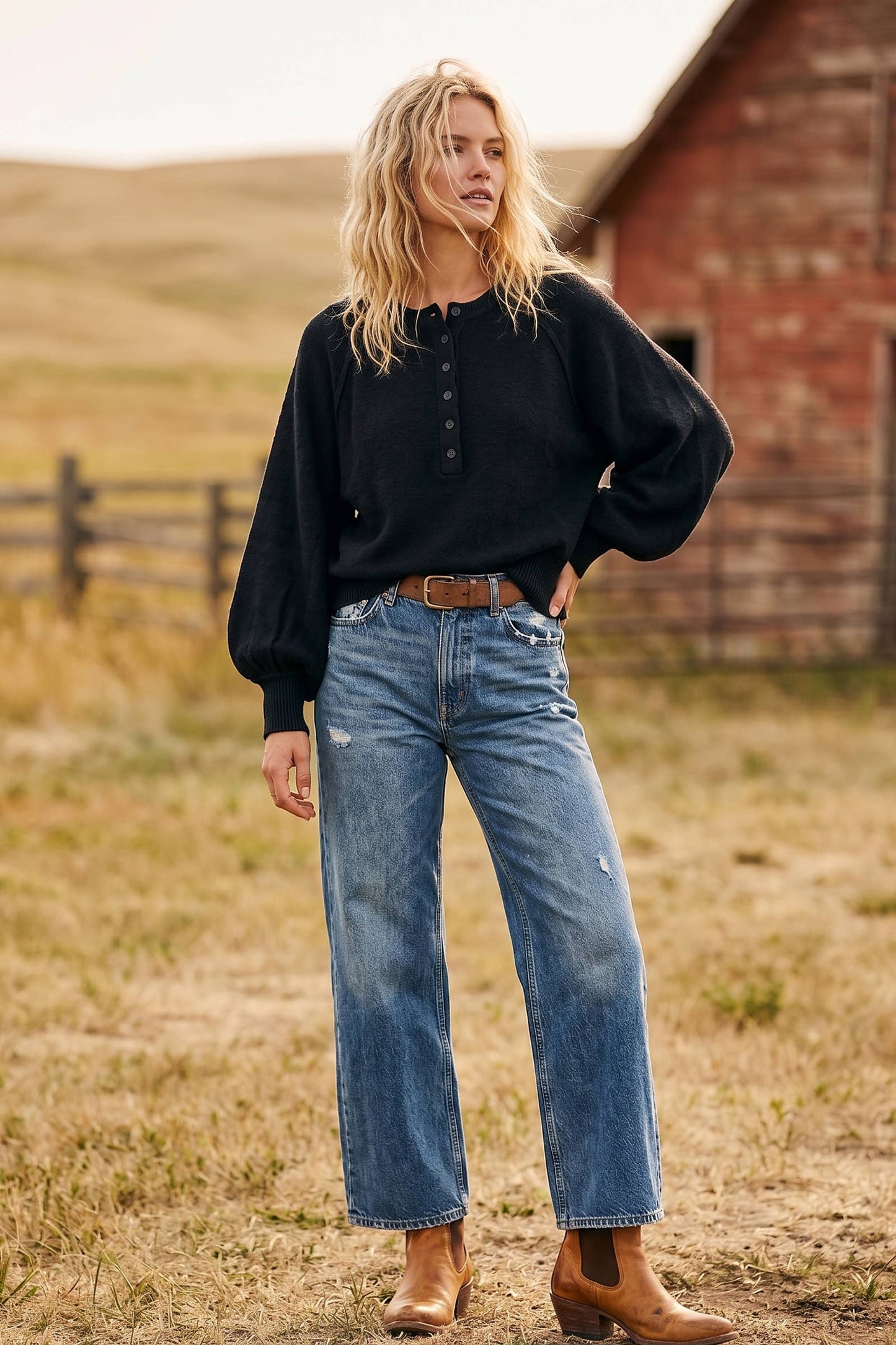 Henley Balloon Sleeve Sweater Top: BLACK