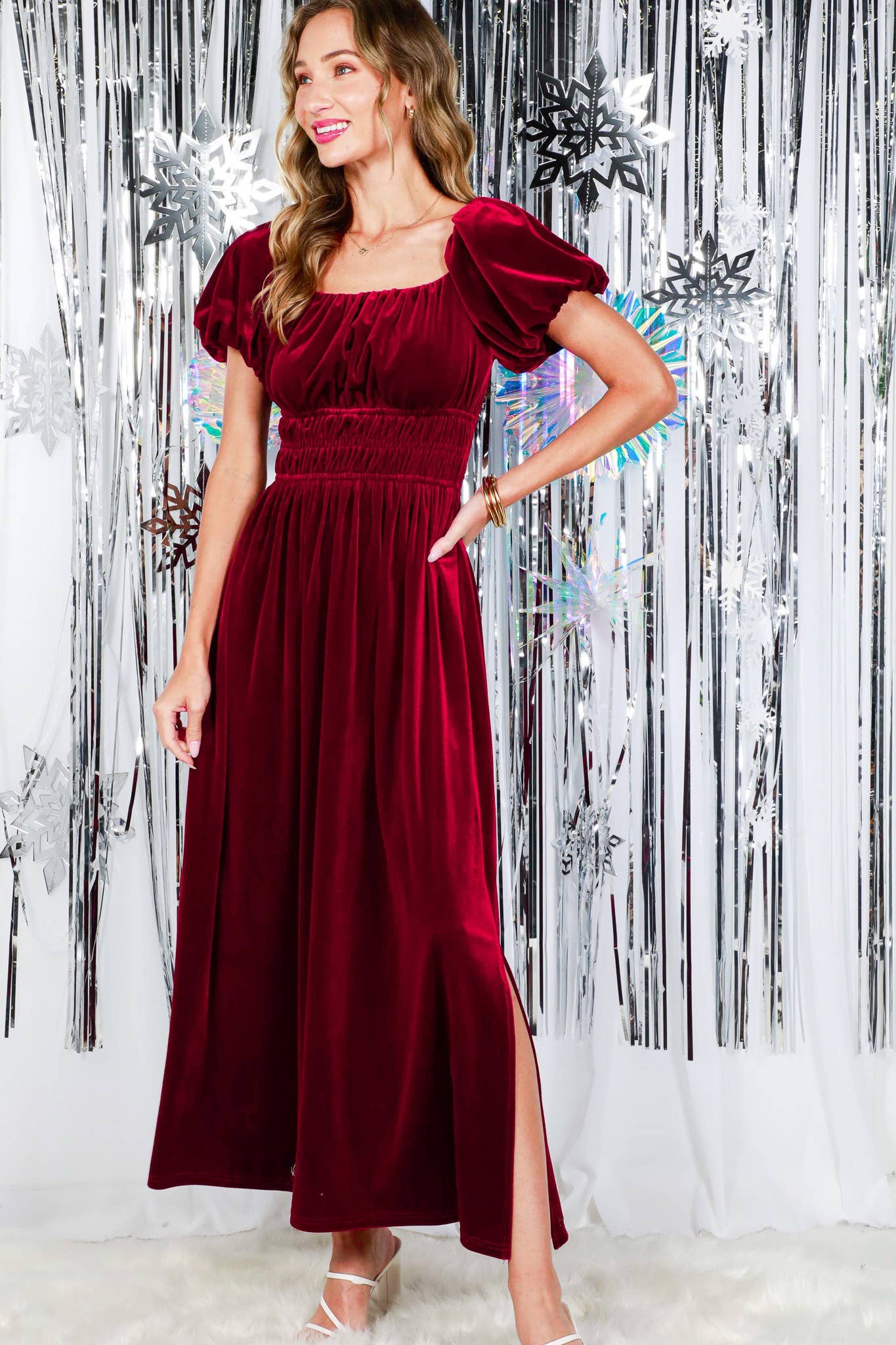 Square Neck Puff Sleeve Smocked Velvet Maxi Dress
