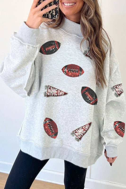 Sequin Rugby Game Day Mock Neck Sweatshirt: Light Grey
