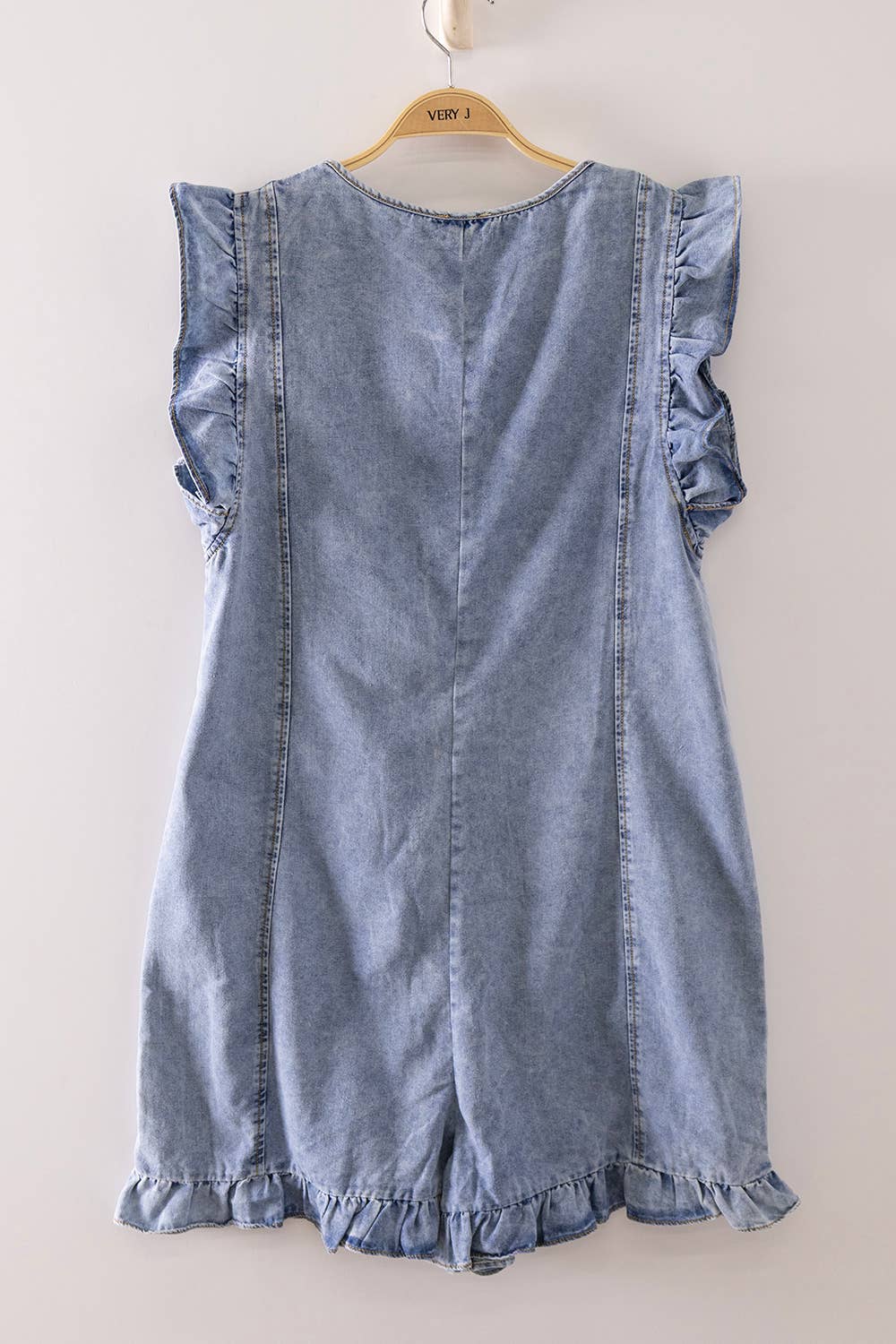 Sweet Ruffle Denim Romper: INDIGO