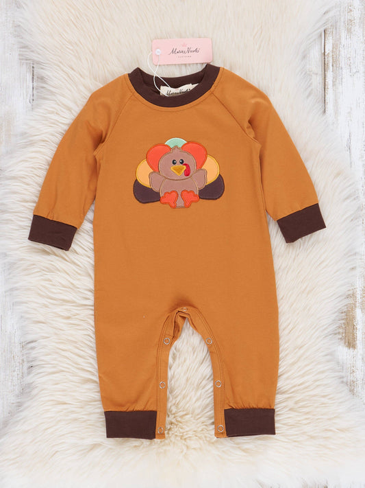 Orange & Brown Embroidered Turkey Romper: 6/12MOS