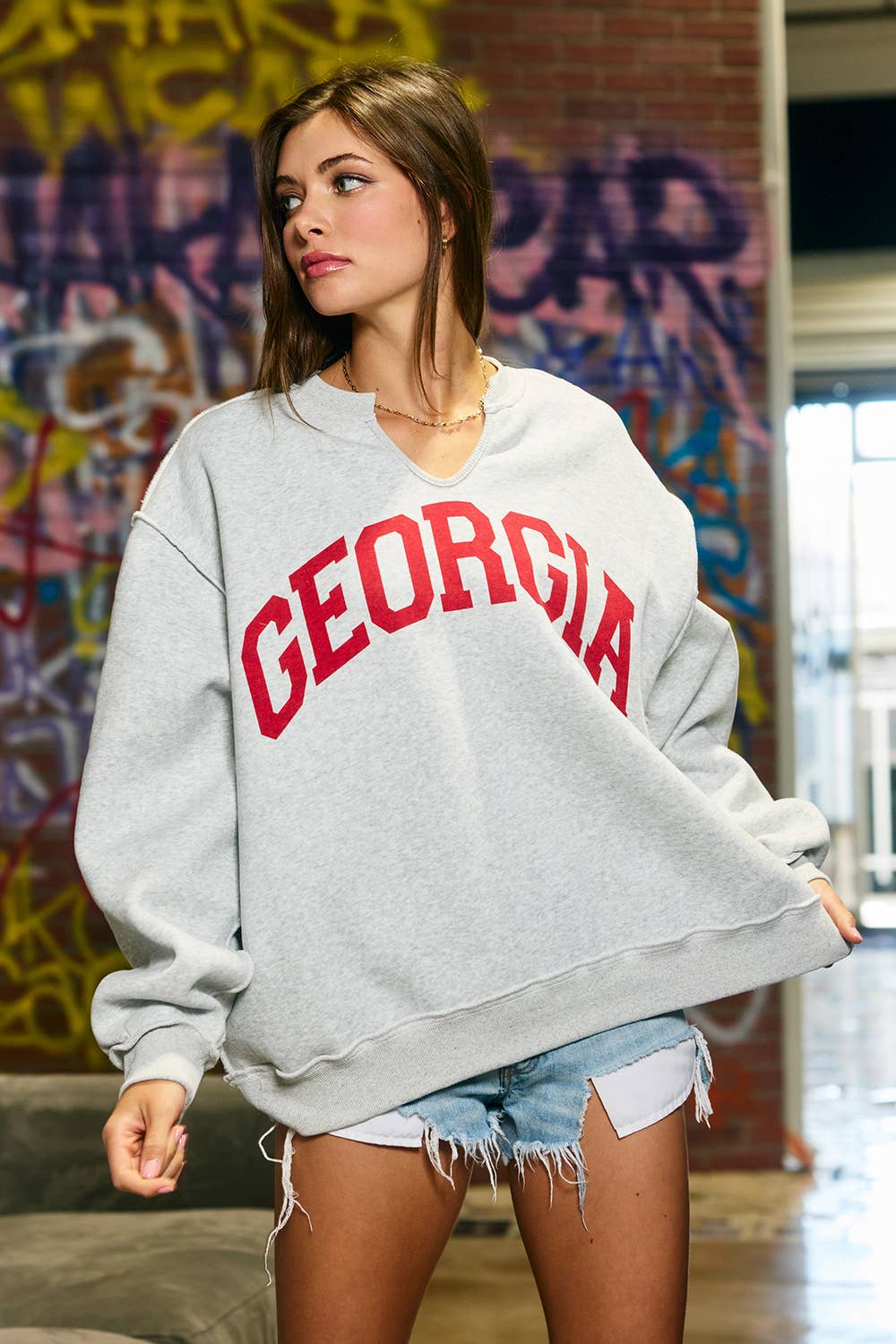 Georgia GFX Split-Neck Terry Sweatshirt: H Grey/Red