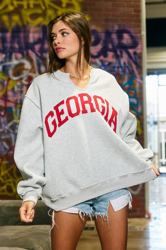 Georgia GFX Split-Neck Terry Sweatshirt: H Grey/Red